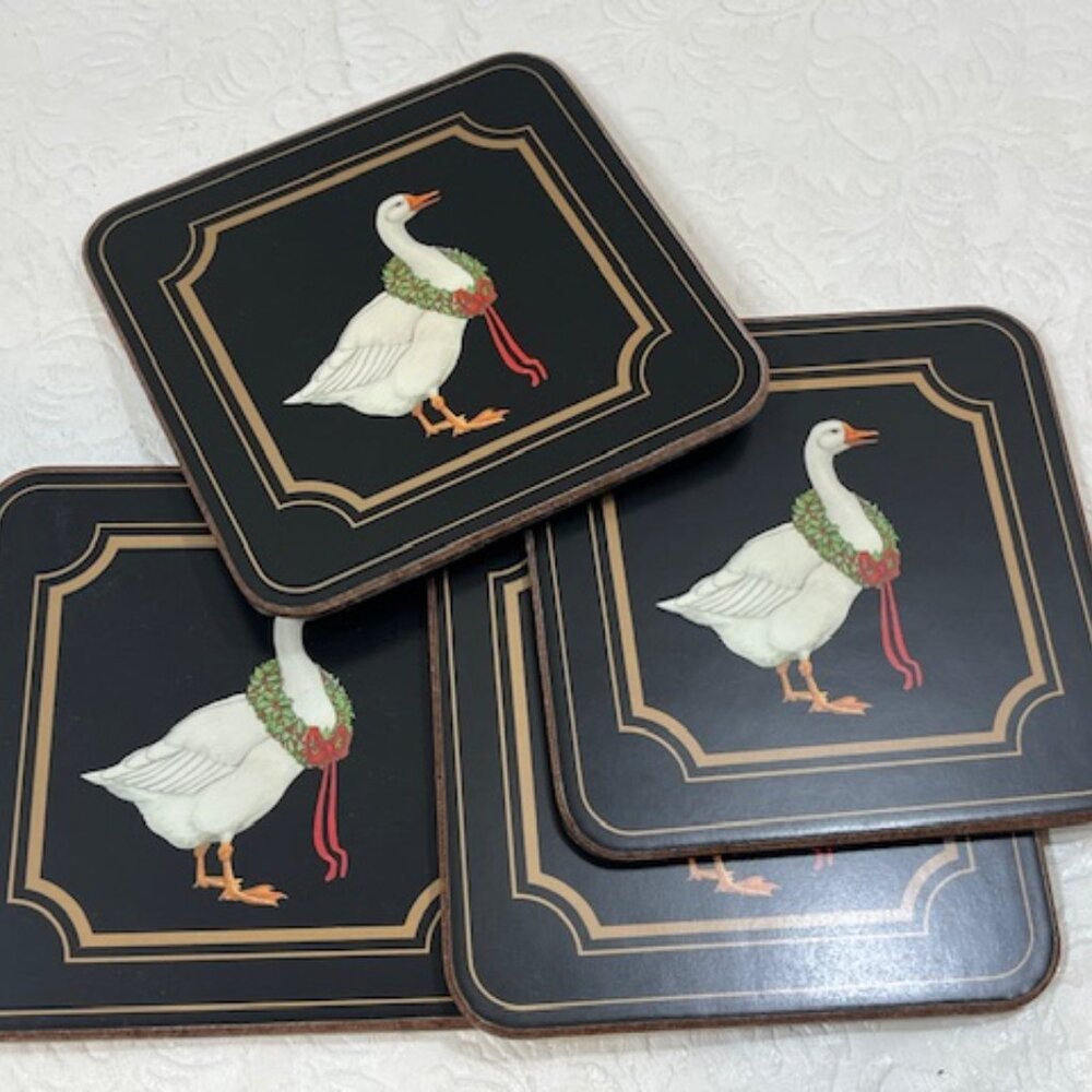 VTG Set of 4 Christmas Goose w/Wreath Coasters Cork Backing 4.25"x4.25"